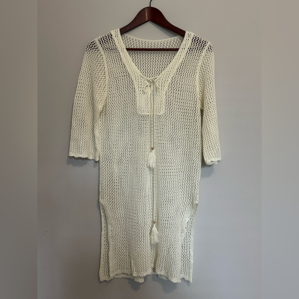 Women’s Open Knit Crochet Cover Up One Size White Cream Beach Resort Pool Wear